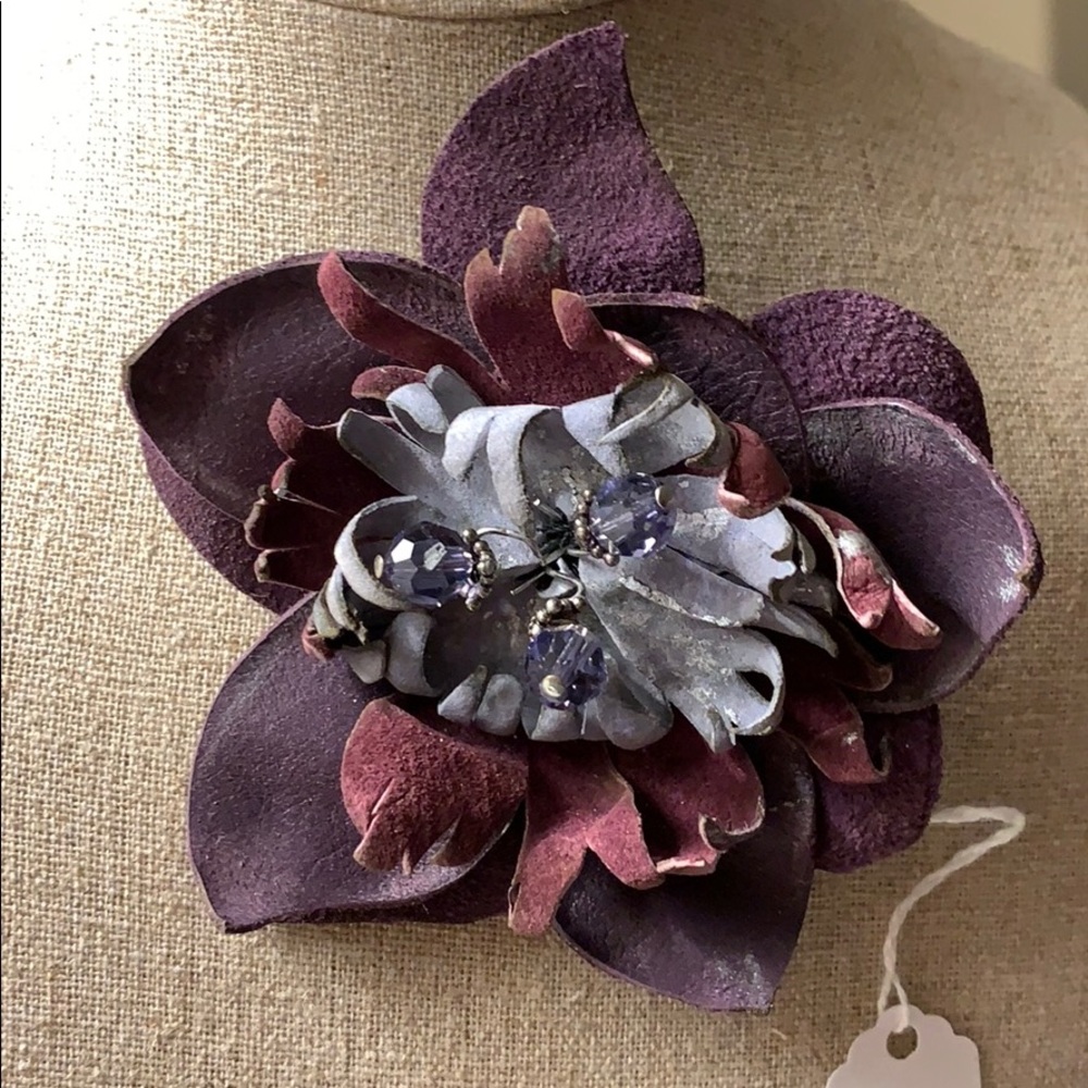 Leather Flower Hair Clip w/Swarovski center stems